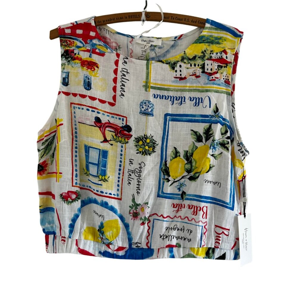 Haver & Blair London Cropped Tank Top White Italian Rayon Linen Print Large